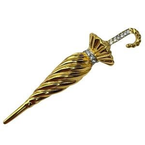 GOLD Tone Umbrella Brooch With Crystals